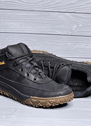 Кожаные зимние мужские черные прошитые ботинки на полиуретановой подошве на меху!!!