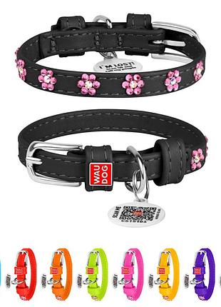 Нашийник для собак шкіряний waudog glamour з qr паспортом, з клейовими стразами "квіти", ш 12 мм, дов 21-29 см