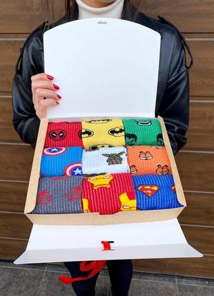 Женские носки , бокс женских носков герои марвел 36-41 г на 9 пар в подарочной коробке с лентой pro_495