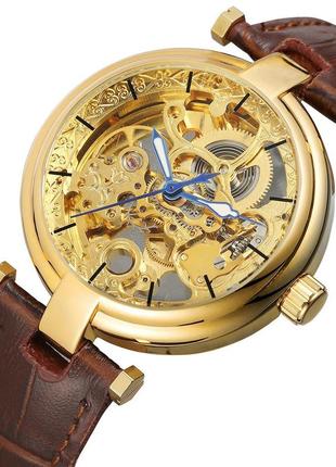 Механические часы forsining skeleton мужские часы с коричневым ремешком
