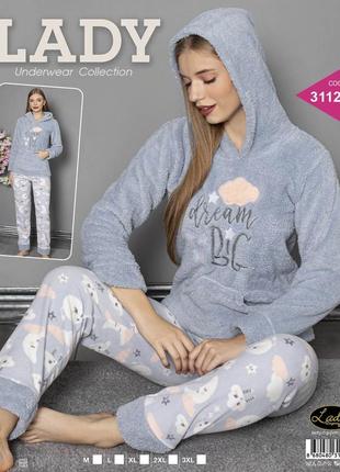 Женская пижама со штанами  и капишоном - dream big lady турция, флис , травка  размер m