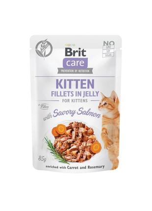 Корм влажный brit care cat pouch для котят филе с пикантным лососем в желе 85 г