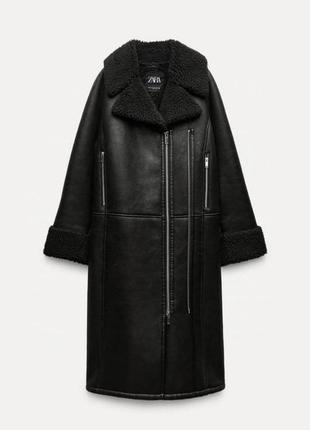 Zara зара дубленка черная искусственная длинная на молнии оверсайз