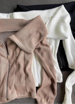 Женская кофта в рубчик с открытыми плечами на замке, лонгслив, водолазка