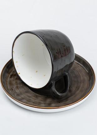 Чашка із блюдцем керамічна 200 мл для чаю кава чорна3 фото