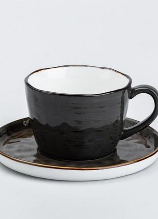 Чашка із блюдцем керамічна 200 мл для чаю кава чорна4 фото
