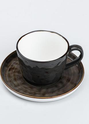 Чашка із блюдцем керамічна 200 мл для чаю кава чорна2 фото