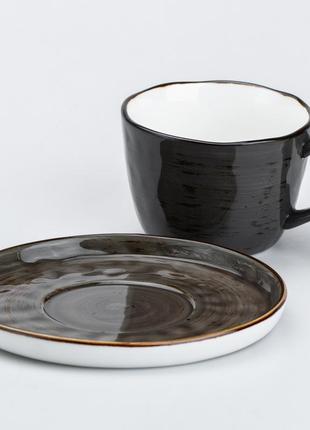 Чашка із блюдцем керамічна 200 мл для чаю кава чорна5 фото