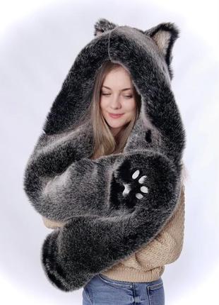 Шапка с ушками из искусственного меха волкошапка зверо-шапка модель король волков