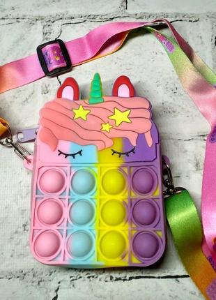 Сумочка міні силіконова дитяча єдиноріг з квітами unicorn поп іт 11х8 різнокольорова