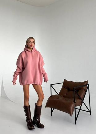 Стильный и теплый женский объемный удлиненный худи оверсайз с кулиской (на флисе, не кашлатится)