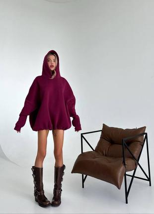 Стильный и теплый женский объемный удлиненный худи оверсайз с кулиской (на флисе, не кашлатится)