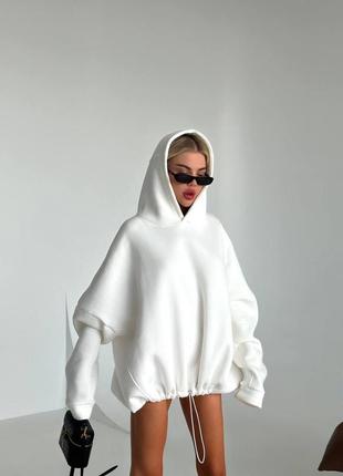 Стильный и теплый женский объемный удлиненный худи оверсайз с кулиской (на флисе, не кашлатится)