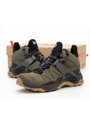Мужские водонепроницаемые трекинговые кроссовки salomon x ultra 4 gore-tex black khaki