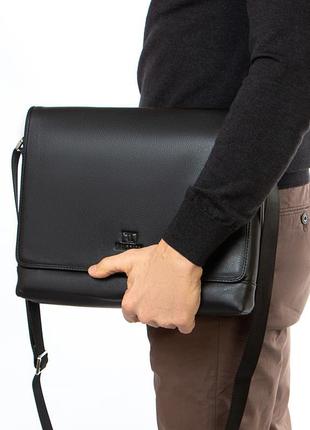 Мужской кожаный портфель черный, деловая сумка через плечо
