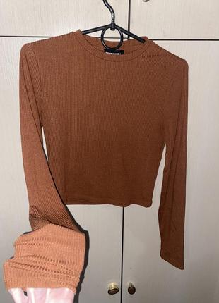 Водолазка  вкорочена в дрібний рубчик  /кроп топ з довгим рукавом шоколадний