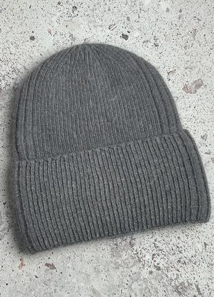 Шапка біні ангора вовна тепла зимня пухнаста такорі в рубчик з отворотом підворотом лопата жіноча на флісі шерсть сіра