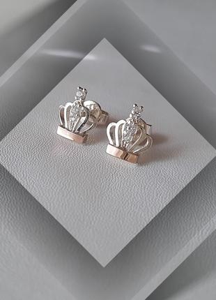 🛍 серьги серебро с золотом золотая пластина фианит корона пусеты гвоздики1 фото