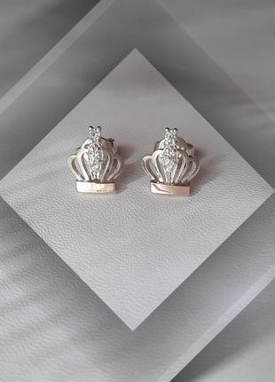 🛍 серьги серебро с золотом золотая пластина фианит корона пусеты гвоздики2 фото