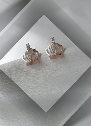 🛍 серьги серебро с золотом золотая пластина фианит корона пусеты гвоздики3 фото
