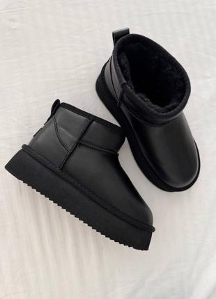 Угги ugg classic ultra mini platform «black leather’ натуральный мех»