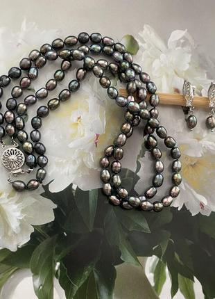 Жемчуг натуральный темный, колье в две нити, серьги в подарок.