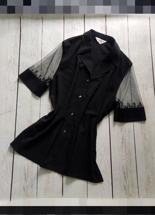 Черная женская блуза с коротким рукавом сеткой, черная блузка с коротким рукавом на пуговицах