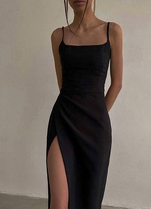 Сукня максі чорна однотонна приталена на брителях з розрізом по нозі якісна стильна