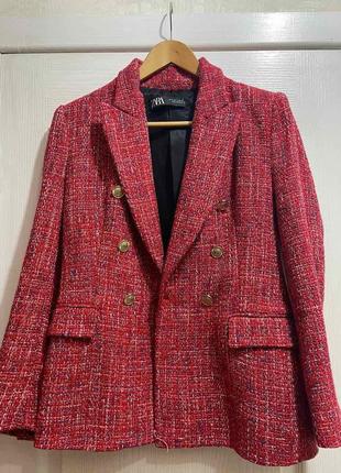 Zara женский  в клітинку двубортний твидовий блейзер розмір м