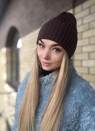 Зимняя шапка брауни, женская теплая шапка шоколадная на микрофлисе