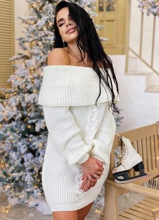 Теплое вязаное платье с открытыми плечами 50% шерсть, платье вязкая на осень зима,...