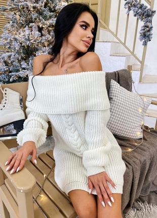 Теплое вязаное платье с открытыми плечами 50% шерсть, платье вязкая на осень зима,...