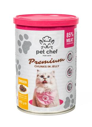 Корм вологий для дорослих котів pet chef, шматочки в желе з куркою 415 г