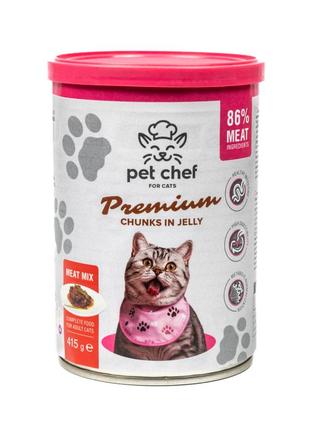 Корм вологий для дорослих котів pet chef, шматочки в желе м'ясний мікс 415 г