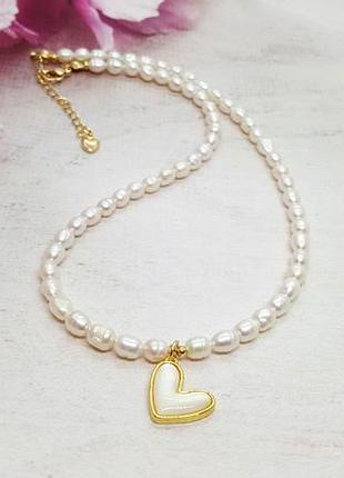 🔺🦪💛колье из натурального жемчуга с перламутровой подвеской "сердце"
