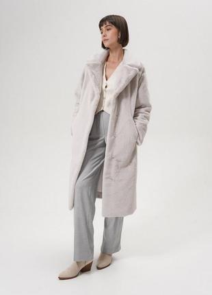 Зимняя шуба макси из экомеха под кролика без капюшона, женская теплая шубка кролик на зиму, шуба из эко меха с поясом, alin