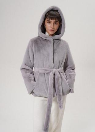 Зимняя короткая шуба из экомеха под кролика с капюшоном, женская теплая шубка кролик на зиму, шуба из эко меха с поясом, alin