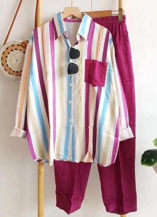 Костюм женский блузка-рубашка oversize и брюки без бренду малиновый