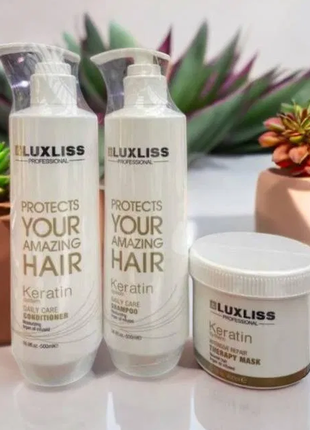 Кератиновий набір для волосся luxliss keratin: шампунь 500 мл, кондиціонер 500 мл, маска 400 мл