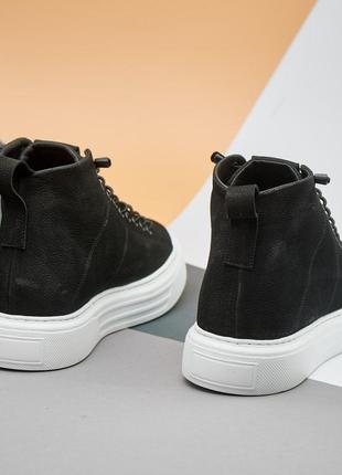 Зимові молодіжні чоловічі черевики gross кросівки кеди на хутрі чорні на білій високій під...