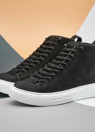 Зимові молодіжні чоловічі черевики gross кросівки кеди на хутрі чорні на білій високій під...