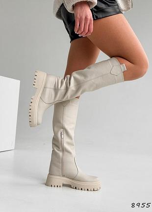 Світло бежеві айворі натуральні шкіряні зимові чоботи на товстій підошві євро зима європейки шкіра беж слонова кістка