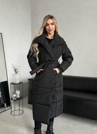 Пальто чорне тепле з поясом зима зимове з поясом довге