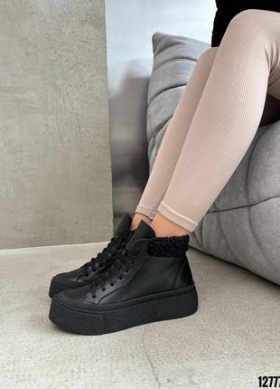 Черные натуральные кожаные зимние ботинки высокие кроссовки кеды хайтопы с мехом на меху толстой высокой подошве платформы