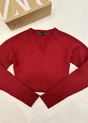 Zara жіночий шерстяний бордовий пуловер, теплий светр із натуральної вовни, зимовий джемпер трендового кольору бургунді, розмір s/m