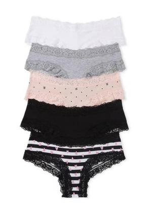 Трусики lace trim cheekster black victoria's secret pink набір