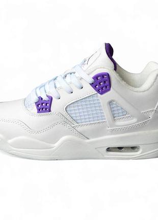 Nike air jordan retro 4 кросівки кеди ботінки сапоги жіночі зимові на флісі високі шкіряні шкіра відмінна якість найк джордан білі з фіолетовим