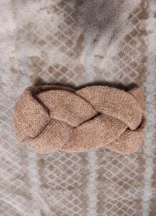 Повязка на голову теплая коса, вязанная