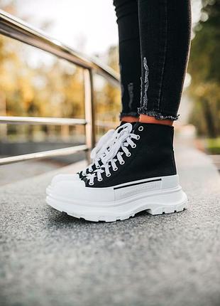 Уцінка черевики кеди жіночі черевики alexander mcqueen tread slick black white, черевики александр макквін ботінки shark