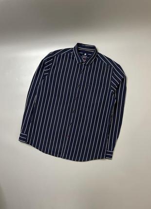 Темно синя сорочка netplay в смужку, лого, логотип, оригінал, navy shirt, класична, синяя рубашка